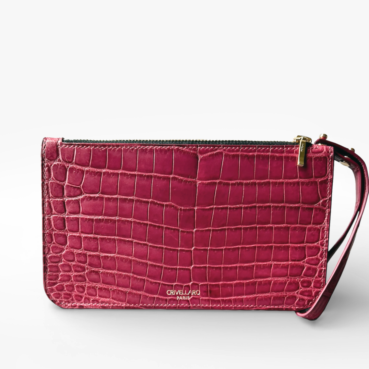 Pochette en cuir de crocodile bordeaux framboise avec dragonne