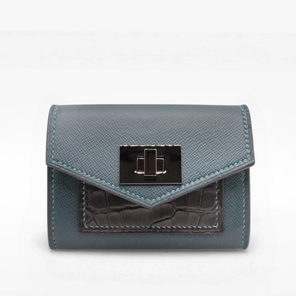 Portefeuille compact cuir turquoise avec détail crocodile noir