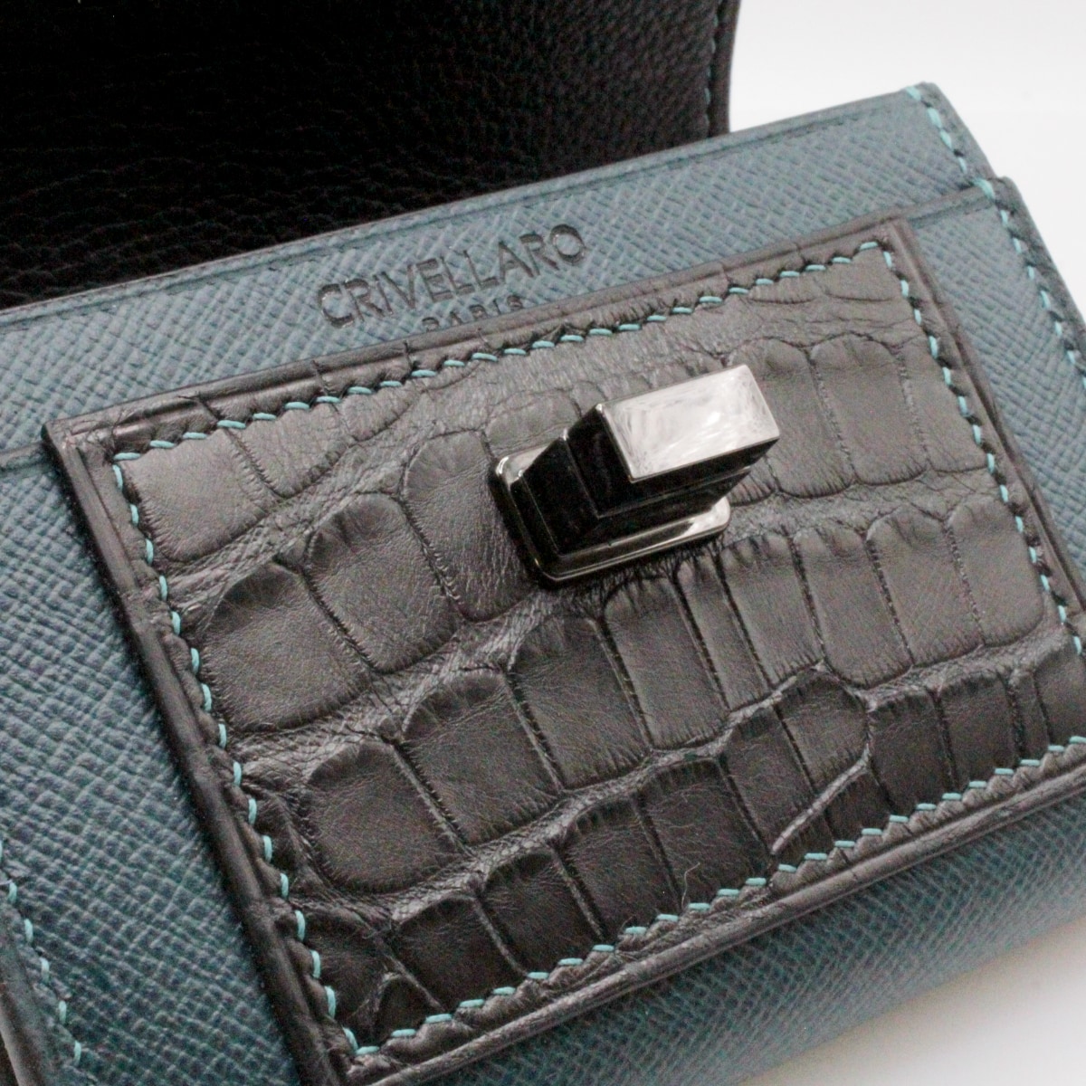 Portefeuille compact cuir turquoise croco noir zoom Crivellaro-Paris