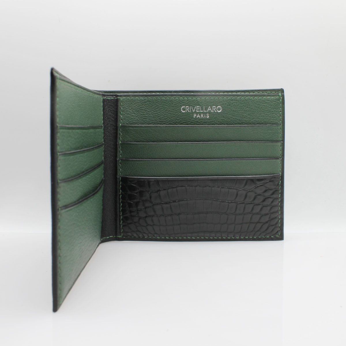 389 Portefeuille classique cuir noir vert interieur Crivellaro-Paris