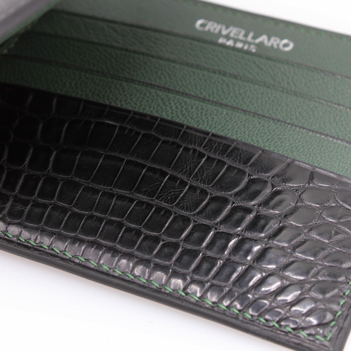 389 Portefeuille classique cuir noir vert detail crocodile noir Crivellaro-Paris