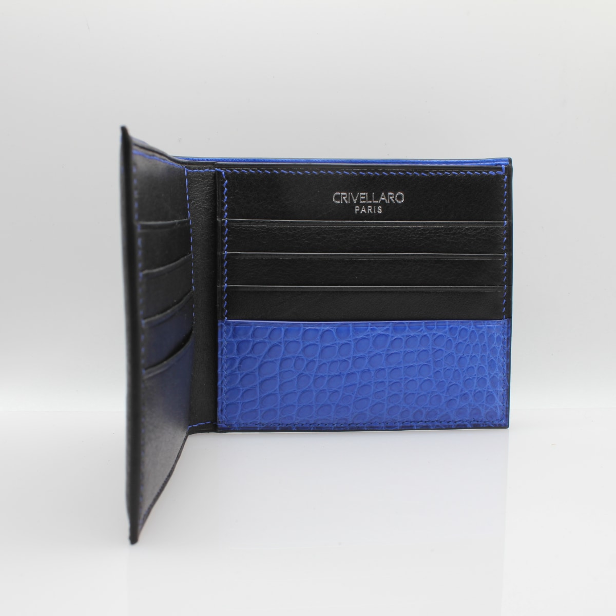 390 Portefeuille classique cuir noir bleu vif ouvert Crivellaro-Paris