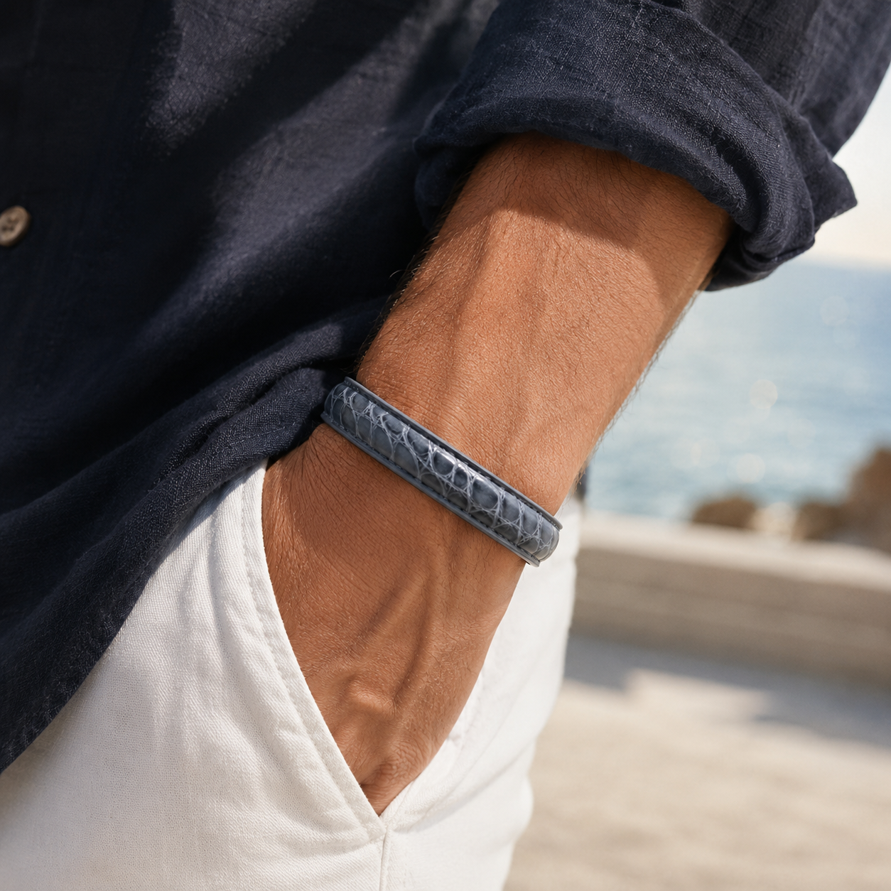 Bracelet crocodile bleu orage