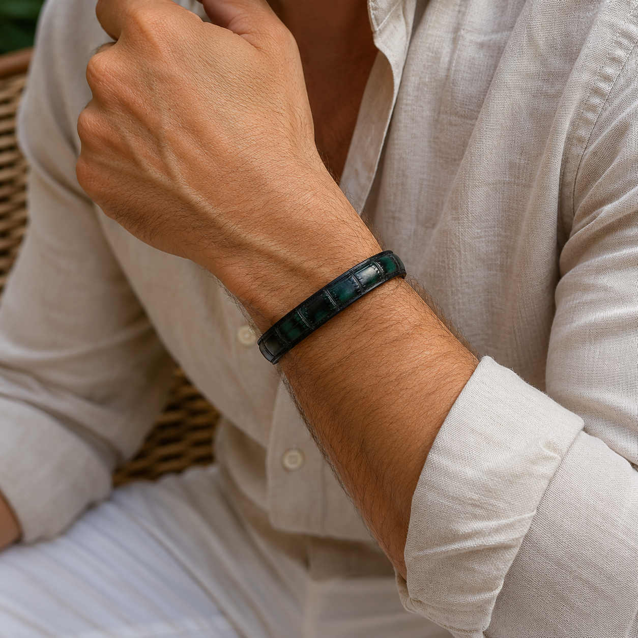 Braceelt crocodile vert et noir poignet homme