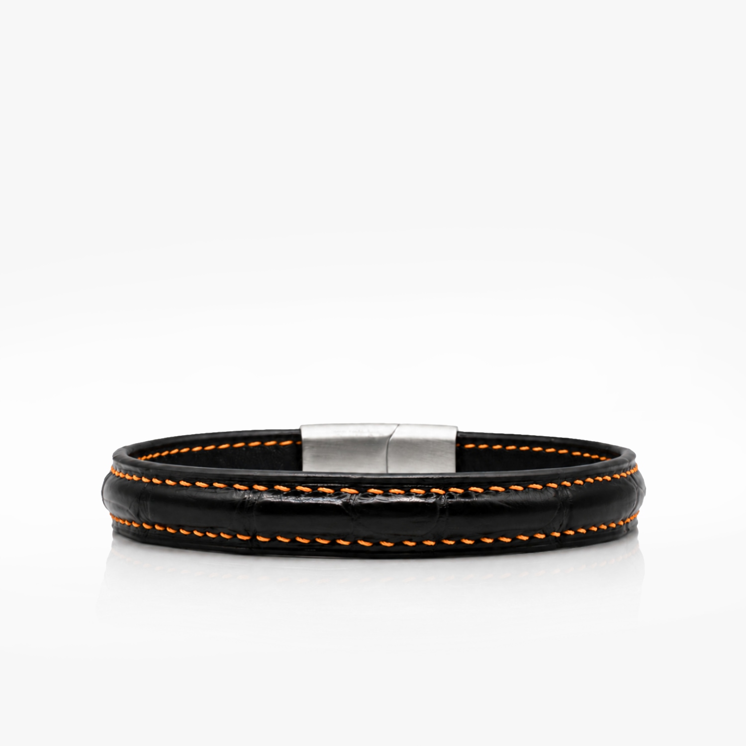 Bracelet cuir crocodile noir couture sellier - Fil de couleur au choix