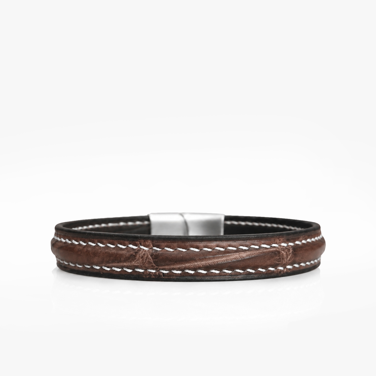 Bracelet cuir crocodile marron couture sellier blanche