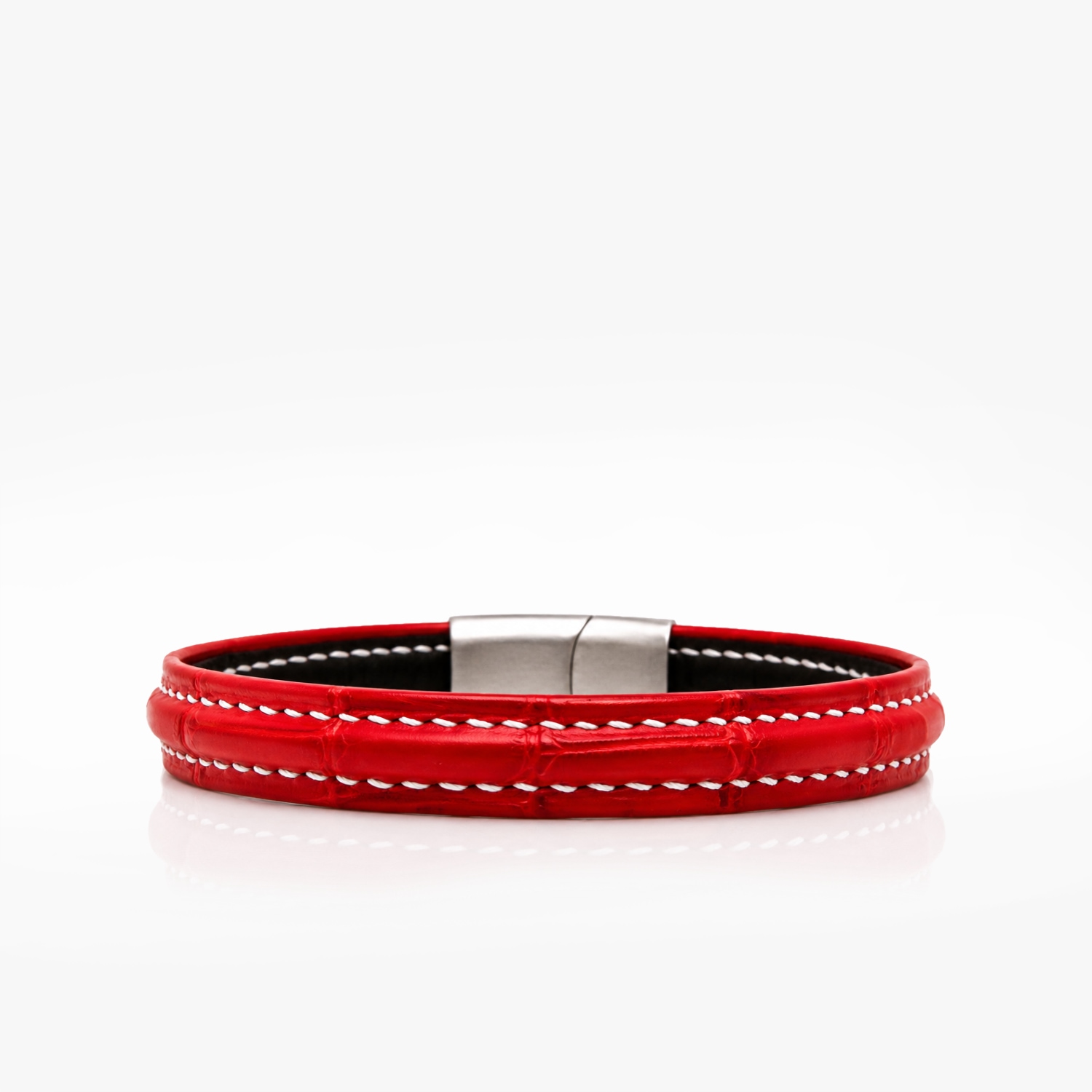 Bracelet cuir crocodile rouge couture sellier blanche