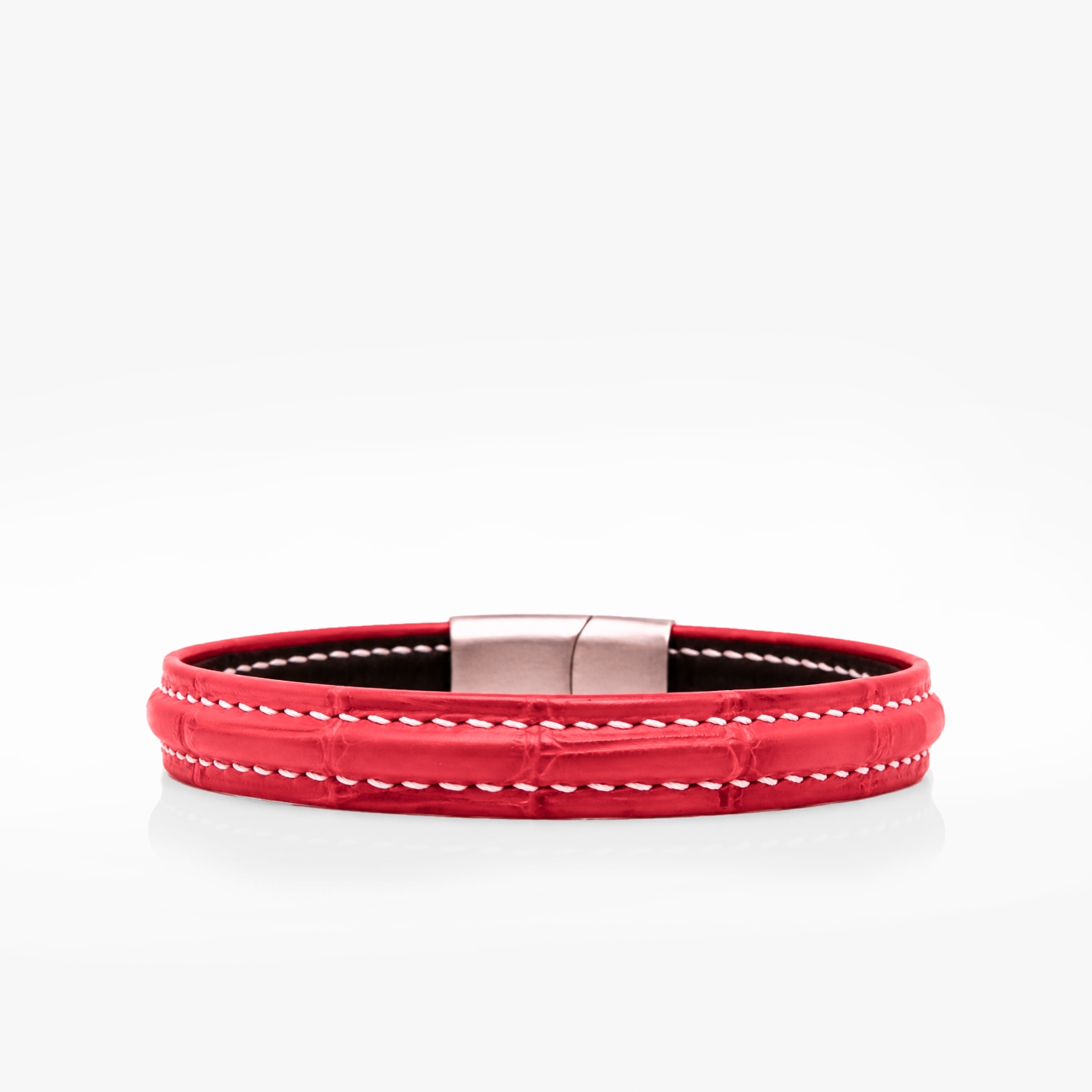 Bracelet cuir crocodile rouge couture sellier – Fil de couleur au choix
