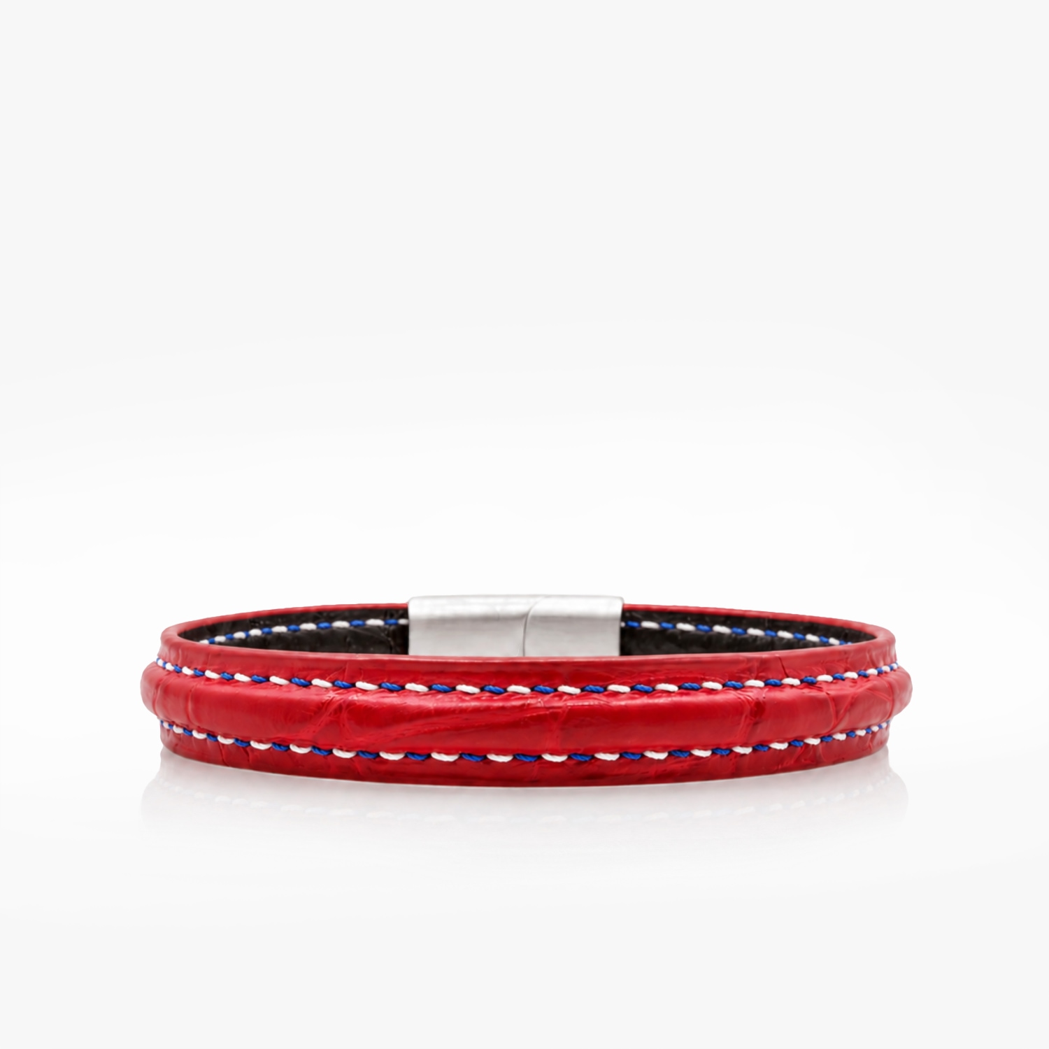 Bracelet cuir crocodile rouge couture sellier tricolore