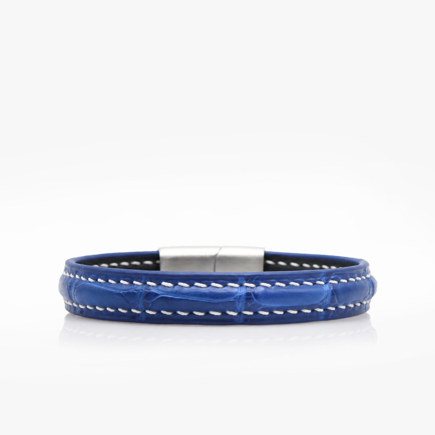 Bracelet cuir crocodile bleu couture sellier blanche
