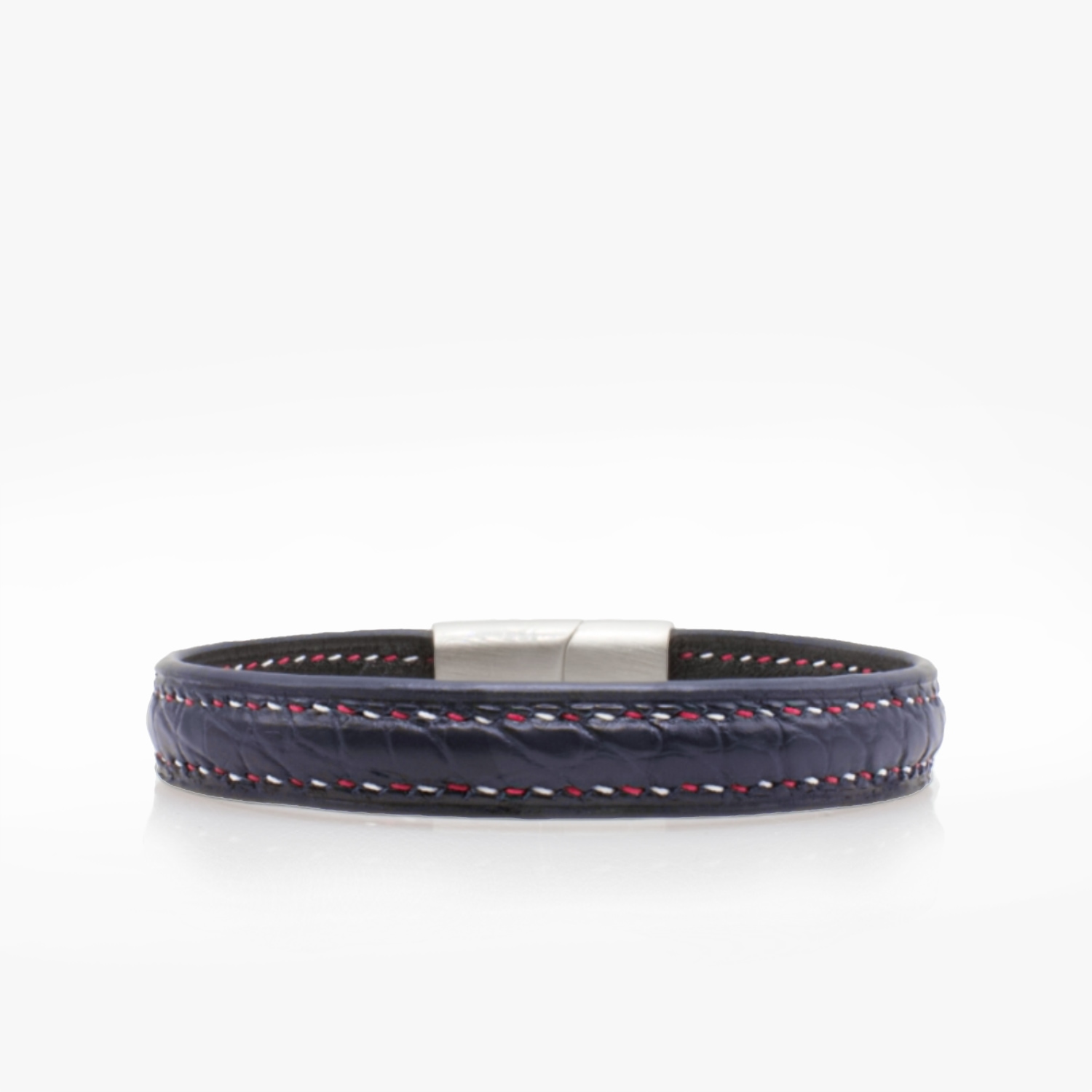 Bracelet cuir crocodile bleu marine couture sellier tricolore