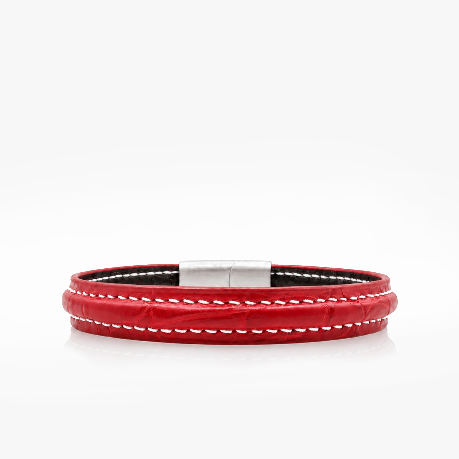 Bracelet cuir crocodile rouge couture sellier – Fil de couleur au choix