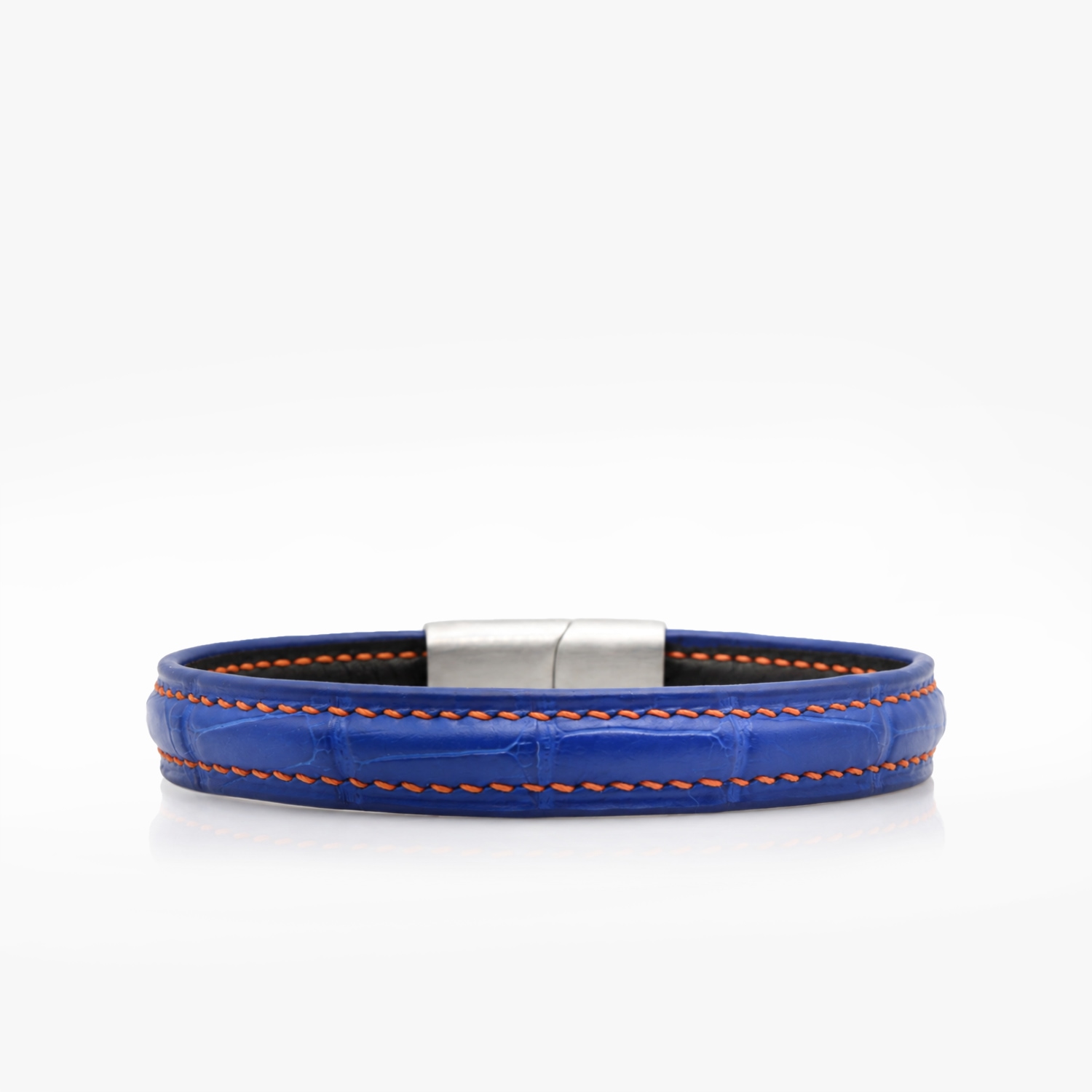 Bracelet cuir crocodile bleu roi couture sellier orange