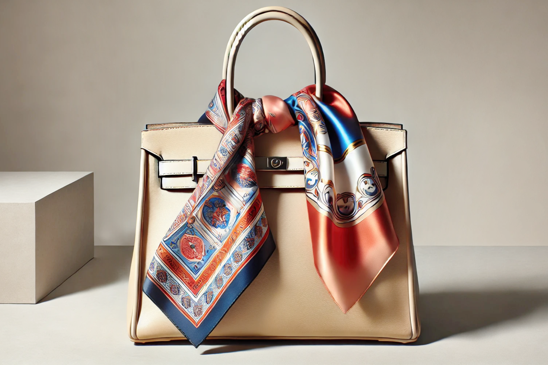 Sac cabas en cuir beige et foulard coloré