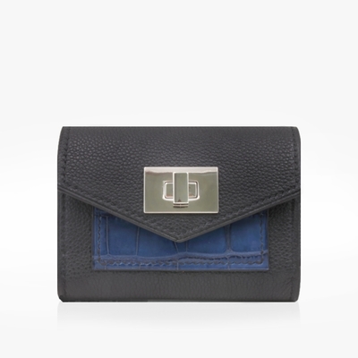 Portefeuille compact cuir noir croco Bleu Crivellaro-Paris