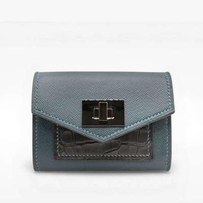 Portefeuille compact cuir turquoise croco noir Crivellaro-Paris
