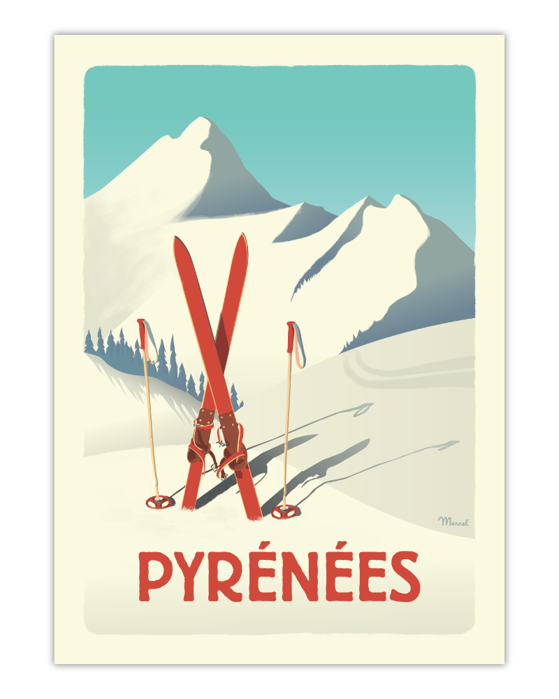 Affiche Pyrénées Skis Rouges