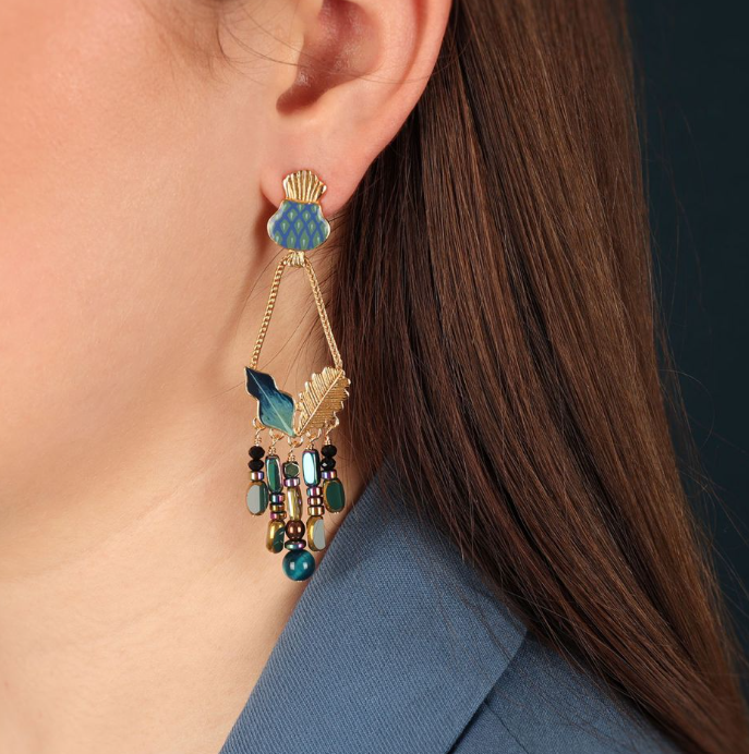 Boucles d\'oreilles longues Chardon Bleu - Doré & bleu