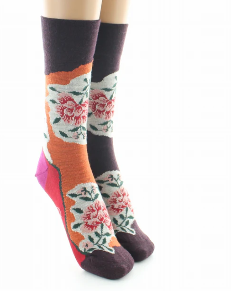 chaussettes_fleurs_orange_bordeaux_2