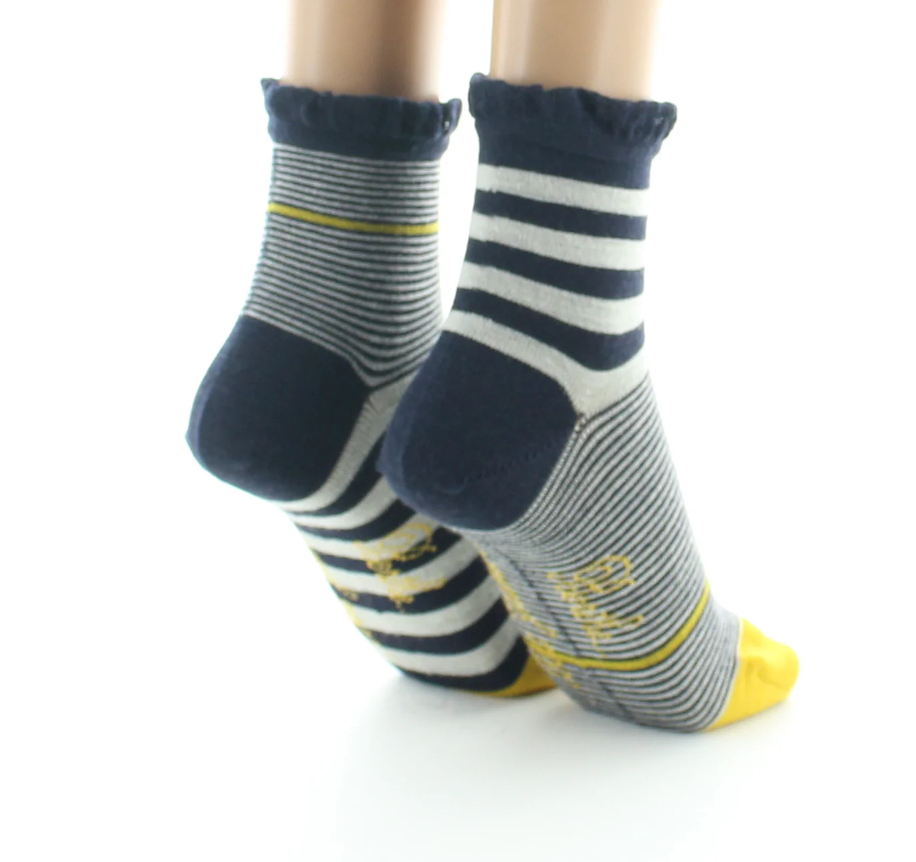 Socquettes femme laine peignée - Rayures asymétriques marine et jaune