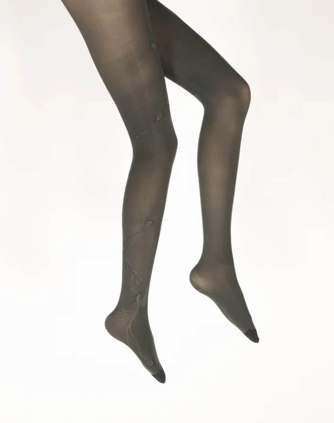 Collants femme 40D maille dévorée kaki oiseau lyre