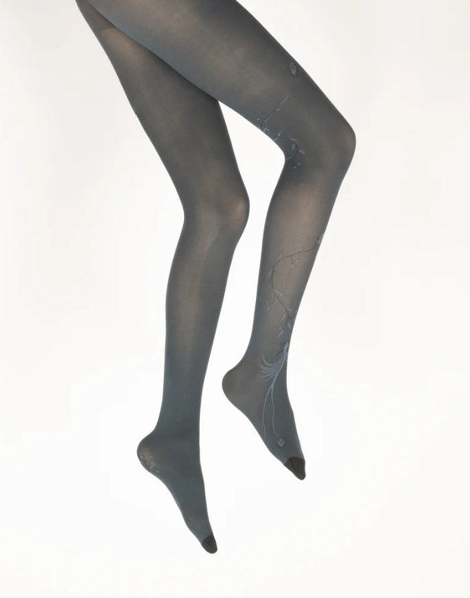 Collants femme 40D maille dévorée pétrole oiseau lyre
