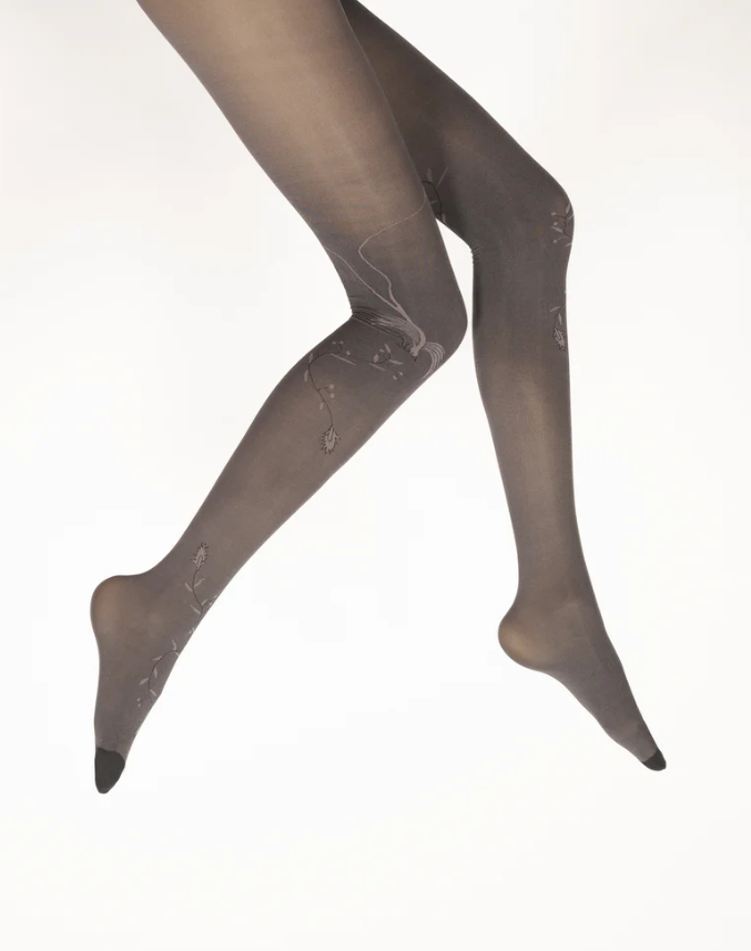 Collants femme 40D maille dévorée prune oiseau lyre