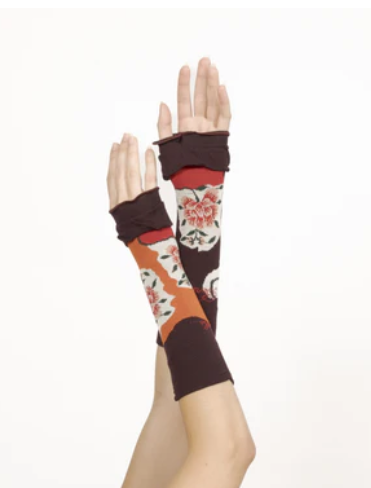 Mitaines coton femme fleurs sur fond orange et bordeaux