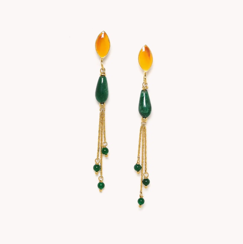 Boucles d\'oreilles poussoir 3 chaines - Agata verde