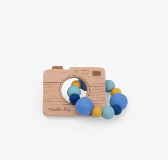 Hochet anneau de dentition bois et silicone appareil photo - Puce et Pilou