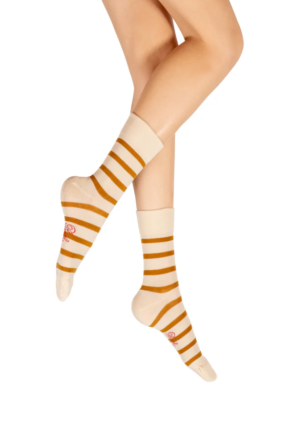 Chaussettes femme coton - Ecru rayé moutarde
