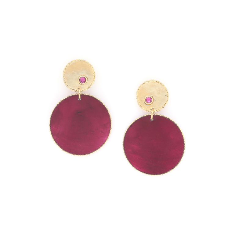 Boucles d\'oreilles poussoir top doré à l\'or fin & disque capiz bordeaux - Marly