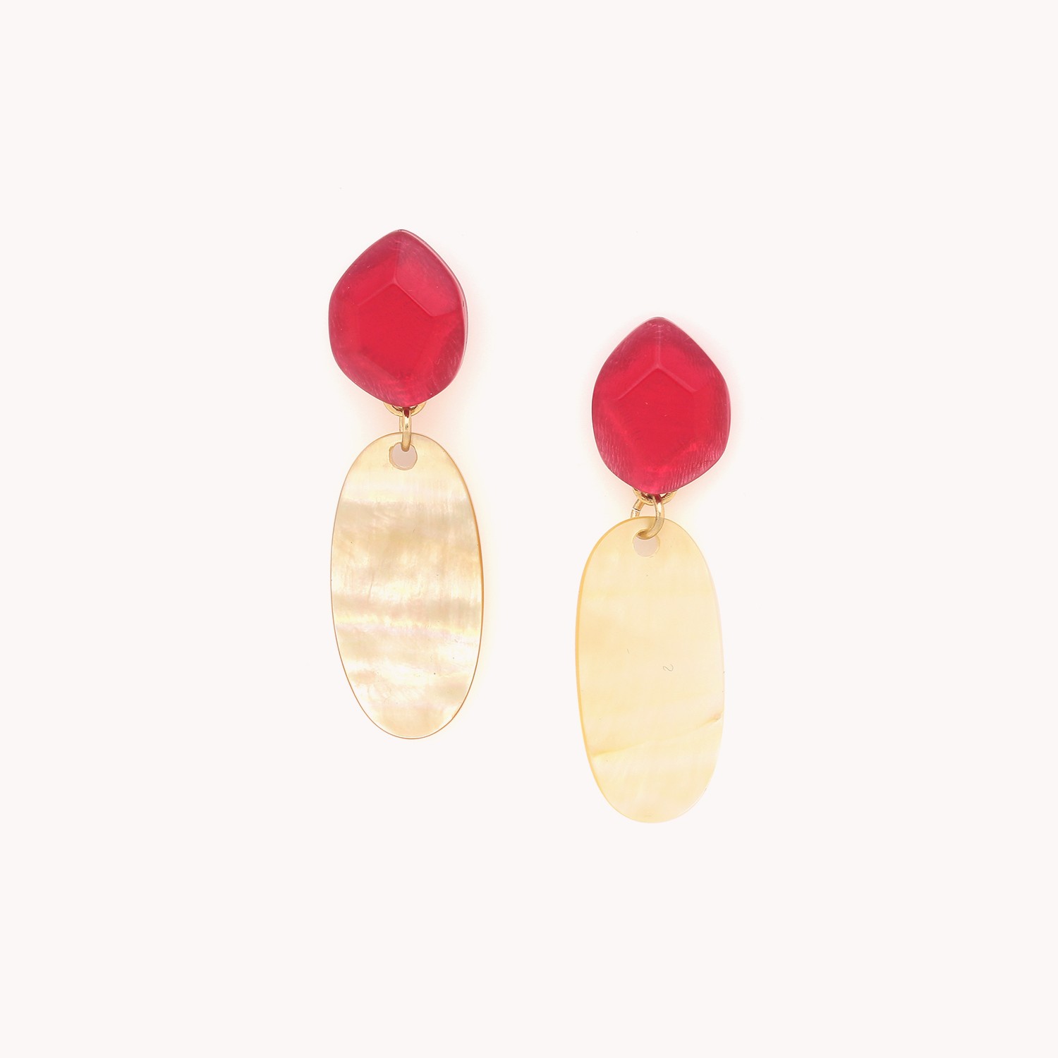 Grandes boucles d\'oreilles poussoir rubis & nacre dorée - Izmir