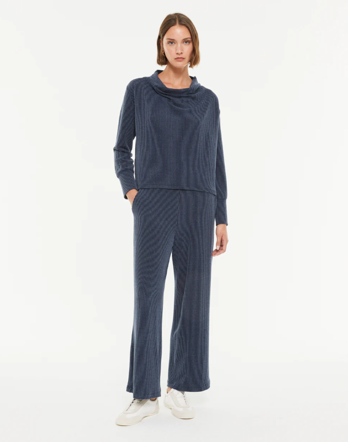 Pantalon large en tricot avec taille élastique - Bleu