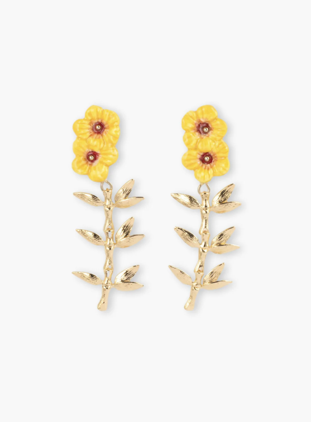 Boucles d’oreilles pendantes double hibiscus et feuilles