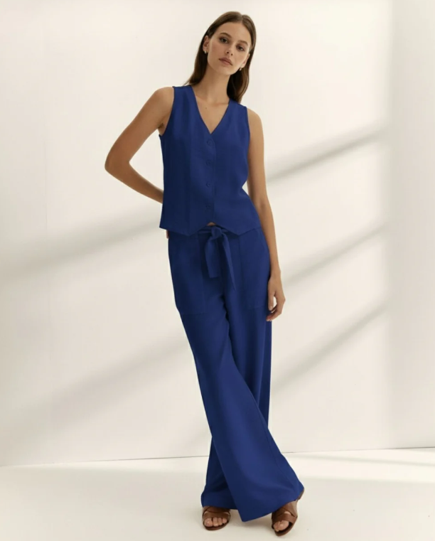 Pantalon large avec ceinture - Bleu