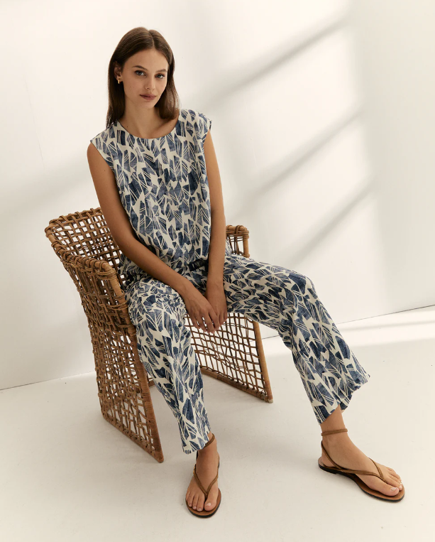 pantalon droit imprime bleu indigo paz torras 2