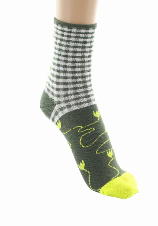 Chaussettes coton - Motif Vichy kaki ivoire