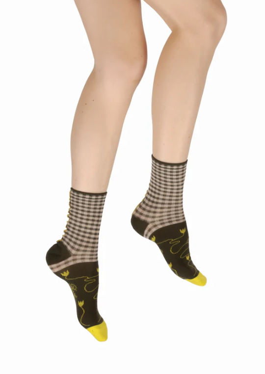 Chaussettes coton vichy kaki ivoire Berthe 2