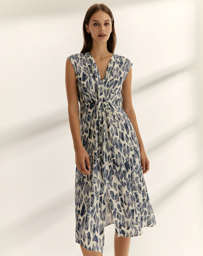 Robe midi imprimée sans manches à col en V - Bleu Indigo