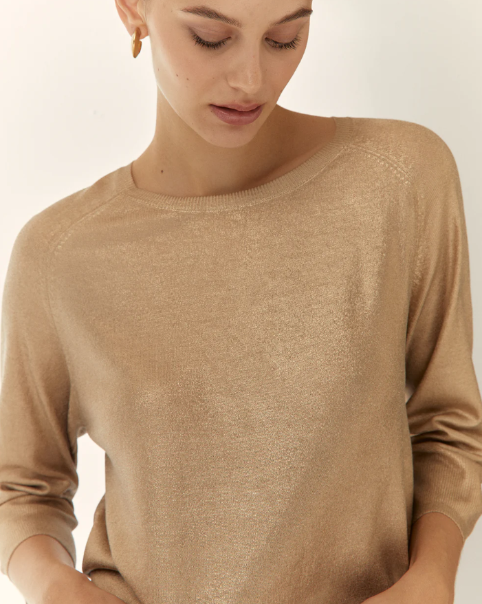 Pull à manches trois-quarts pour femme, col rond - Doré