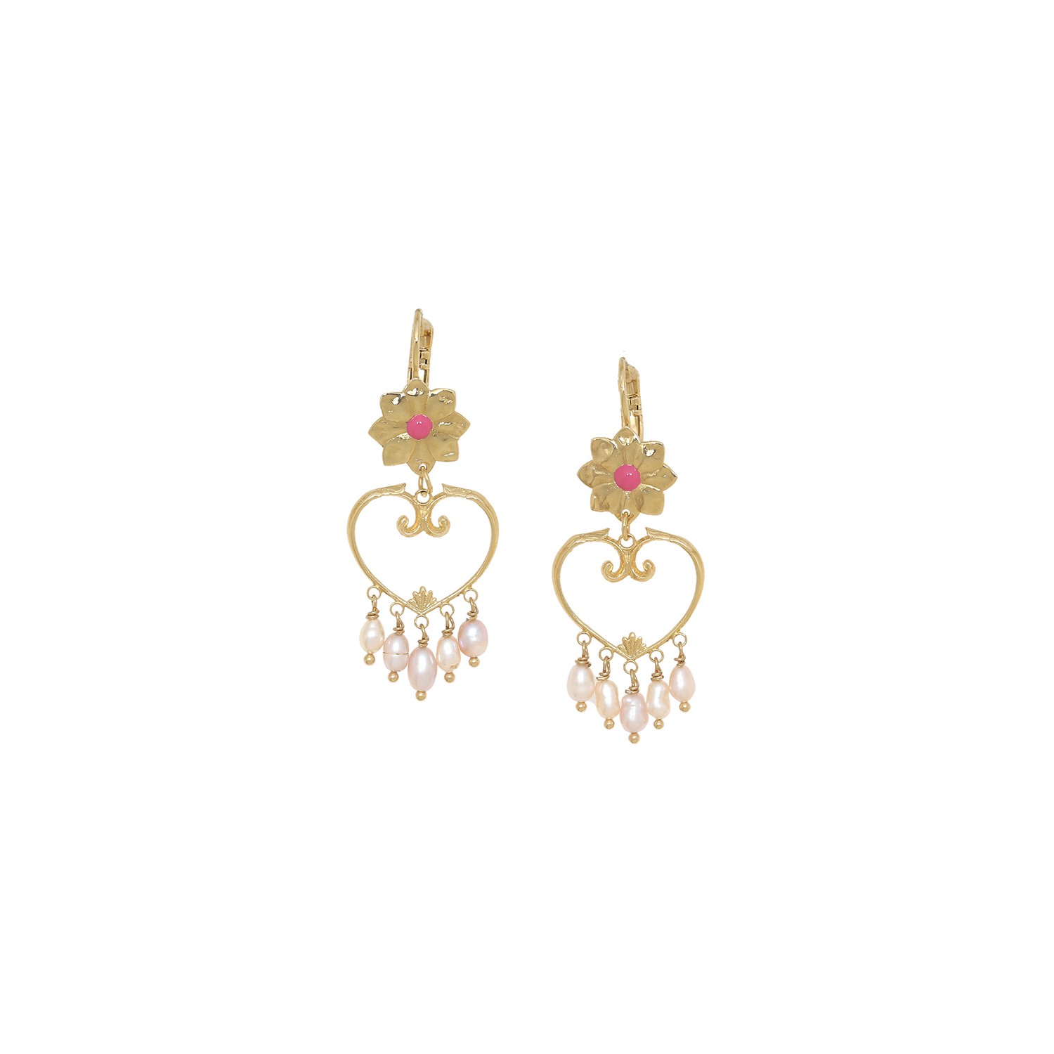 Boucles d\'oreilles dormeuses cœur 5 perles d\'eau douce - Jeanne