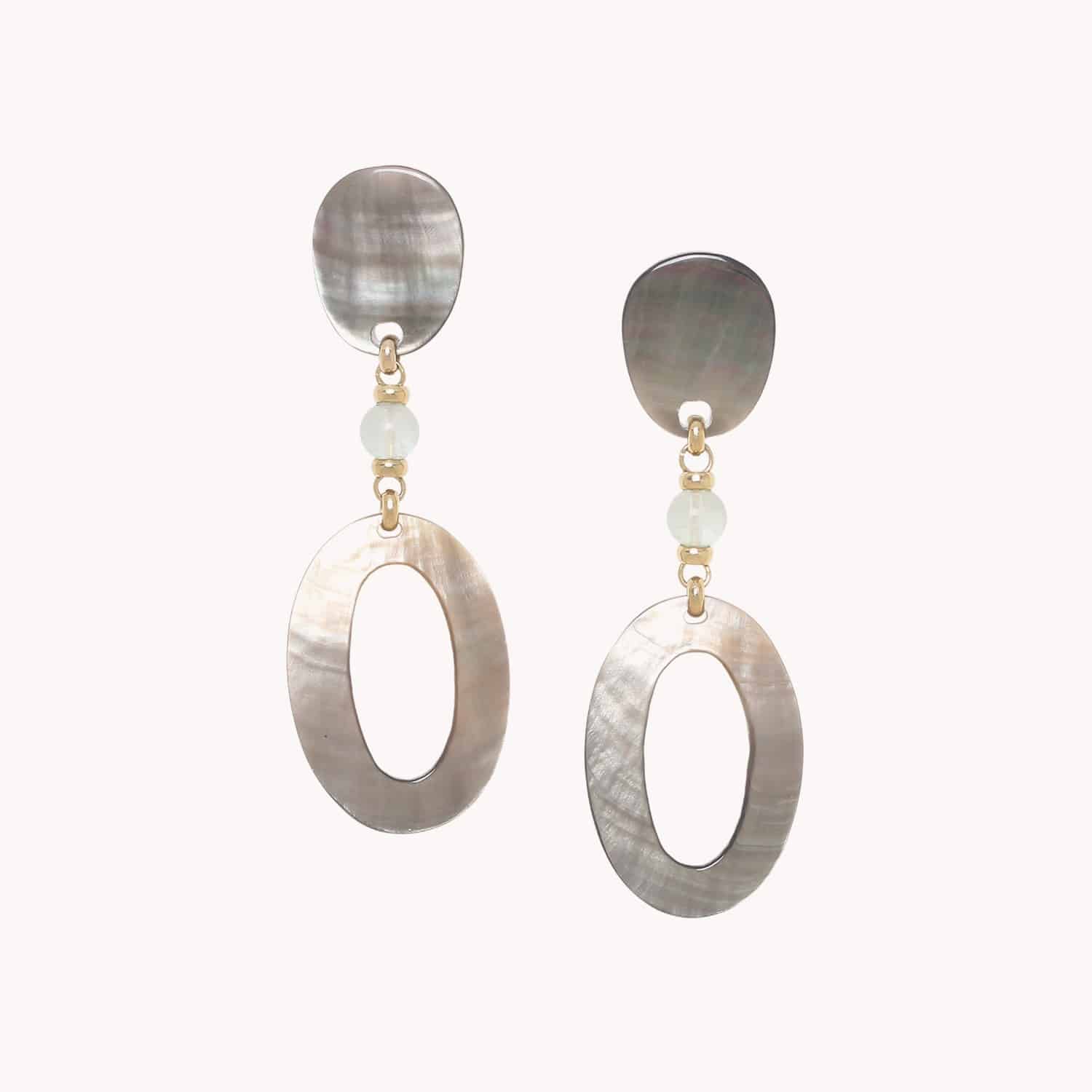 Boucles d\'oreilles poussoir pendant anneau nacre noire - Fluorite