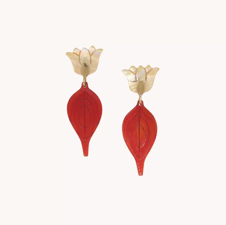 Boucles d\'oreilles poussoir top tulipe et feuille rouge - Son Jardin