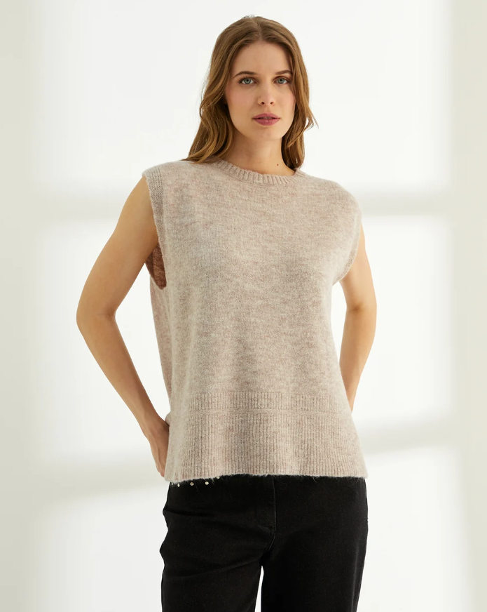Pull sans manches en maille unie à col rond - Beige