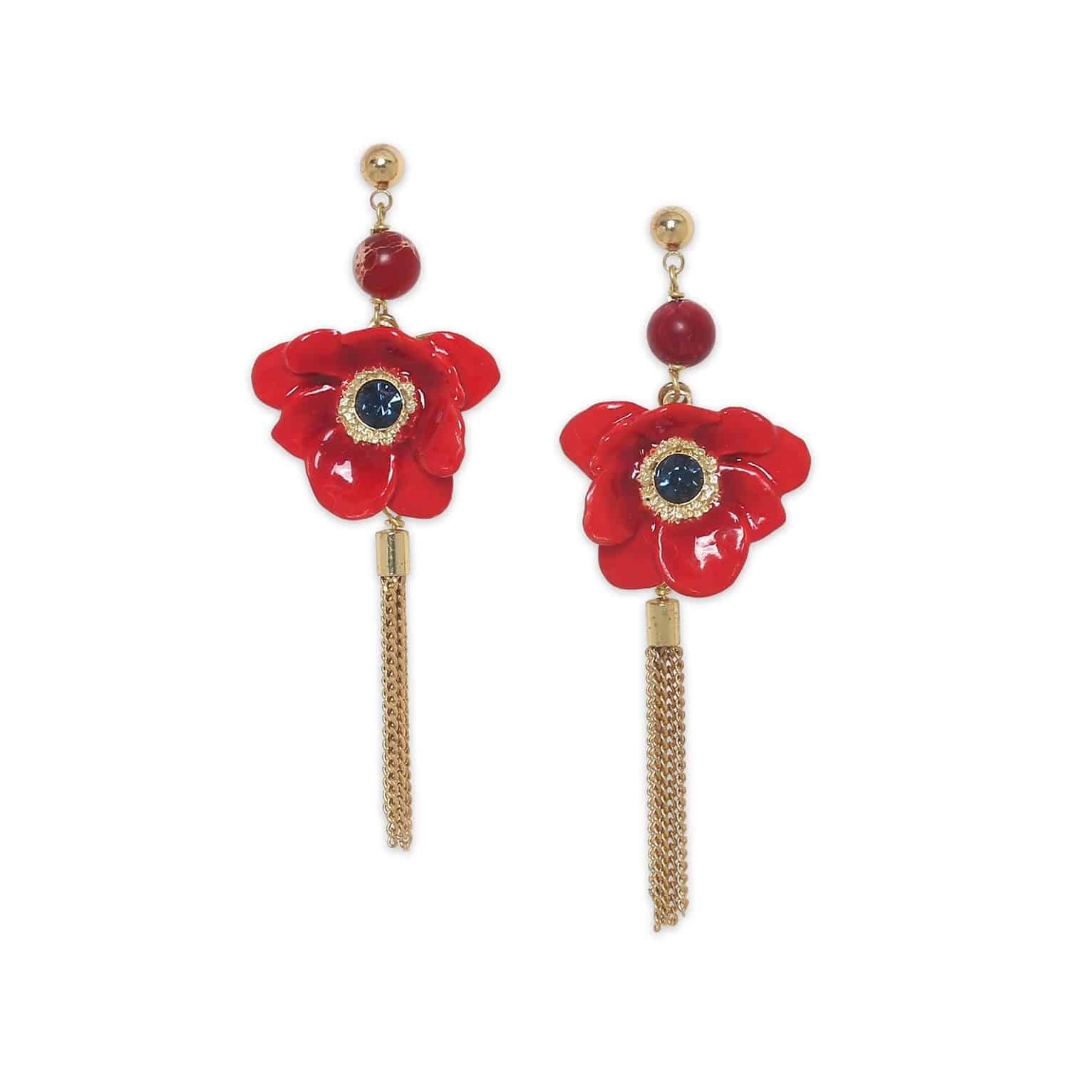 Boucles d\'oreilles poussoir anémone pompon chaînes - Scarlet