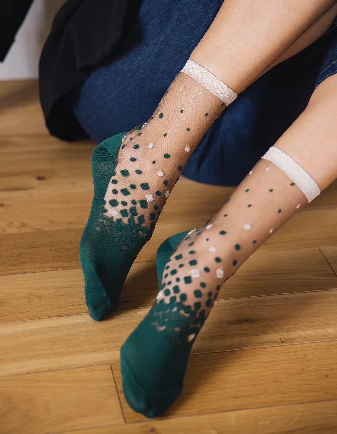 Chaussettes transparentes à pois et paillettes - Nakameguro Émeraude