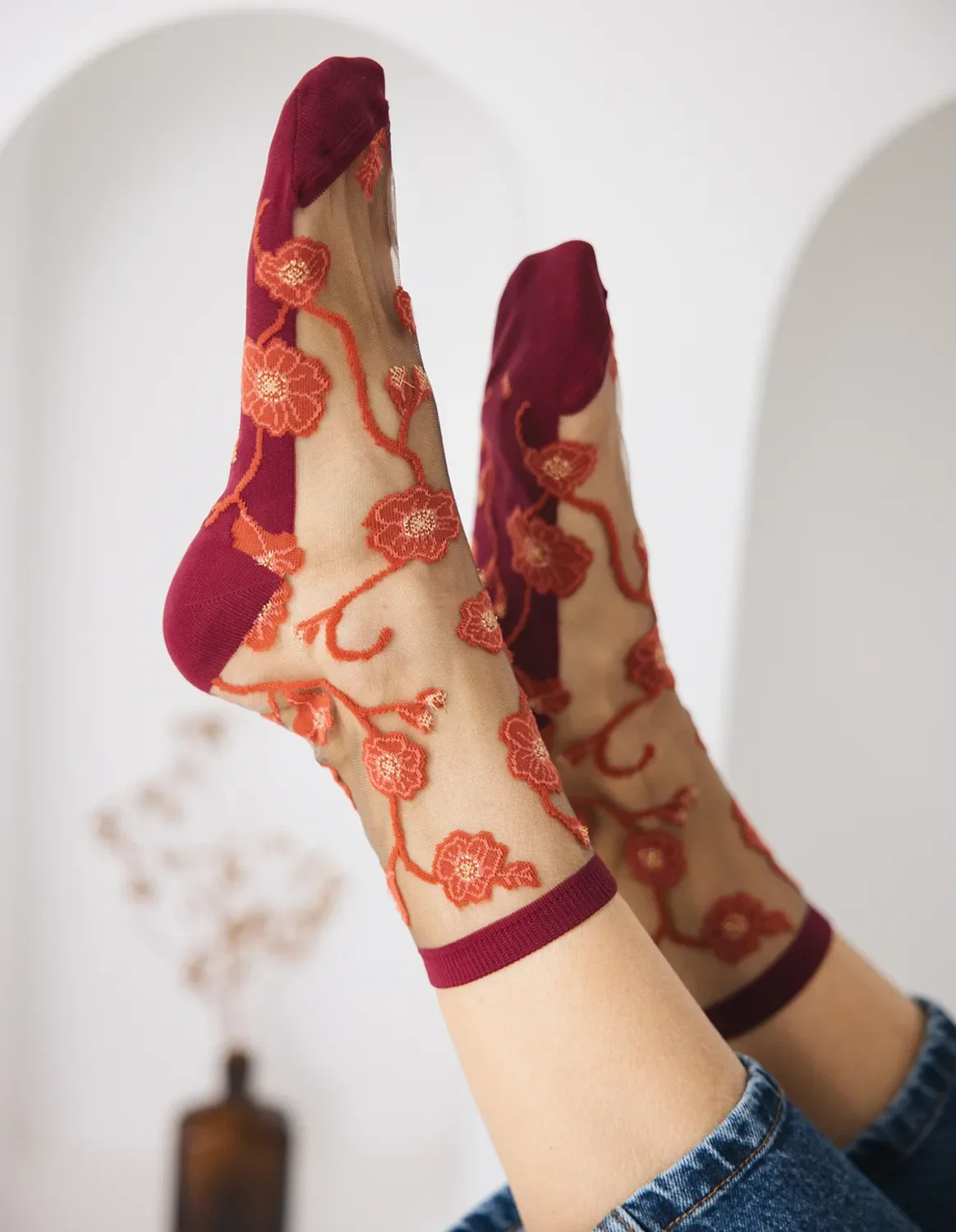 Chaussettes transparentes Blomst Corail
