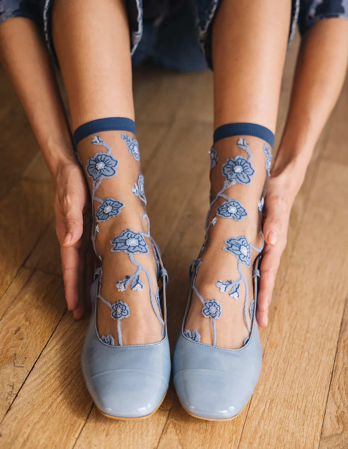 Chaussettes transparentes Blomst Denim