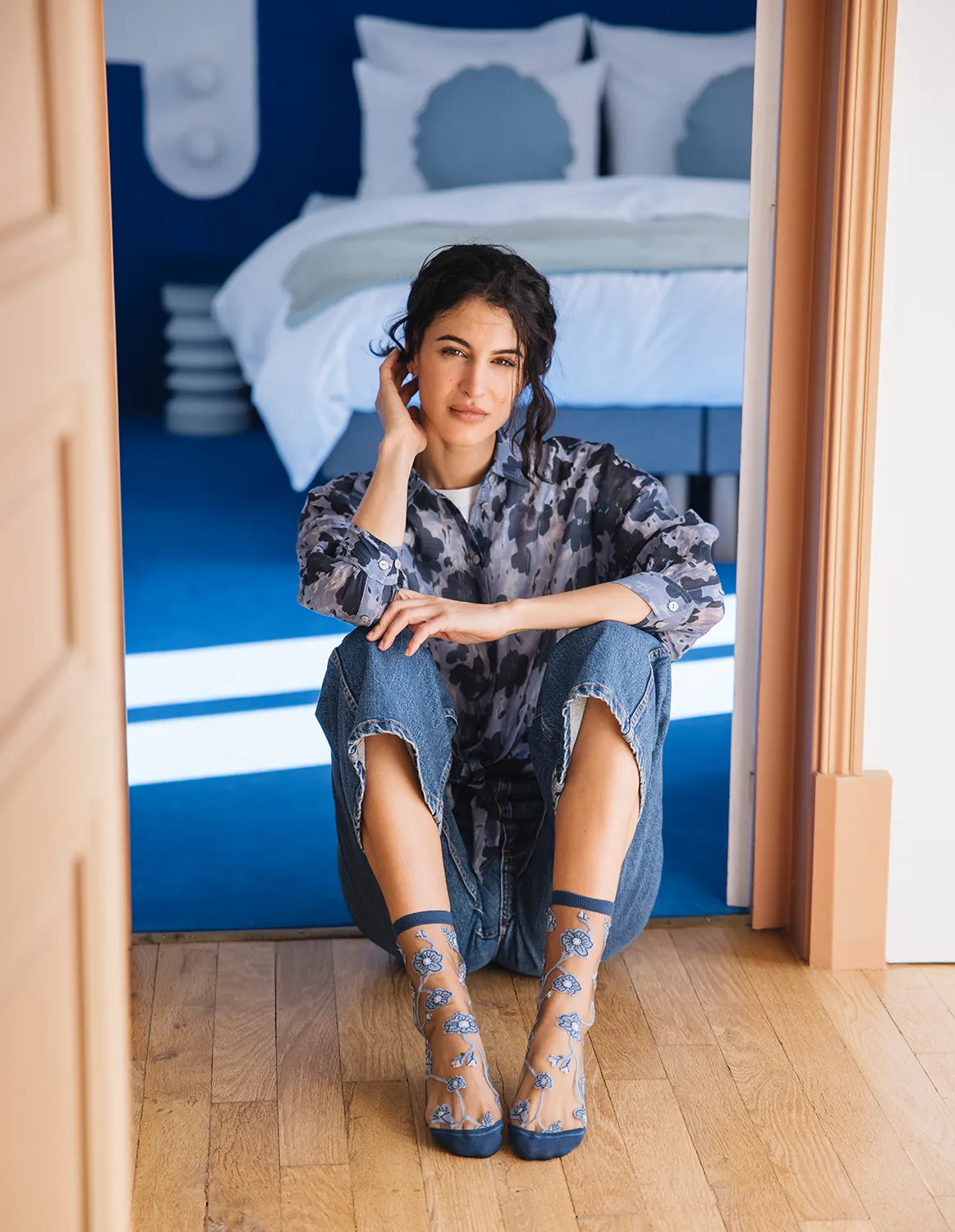 Chaussettes transparentes Blomst Denim, fleurs en nuances de bleus, photo 3